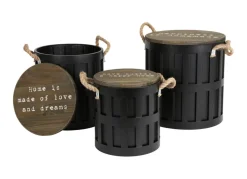 New Home 3Er-Set Sitztonnen Aus Metall Mit Holzdeckel Schwarz New