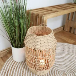 New Home Laterne Aus Naturfaser Mit Glaseinsatz 41Cm Hot